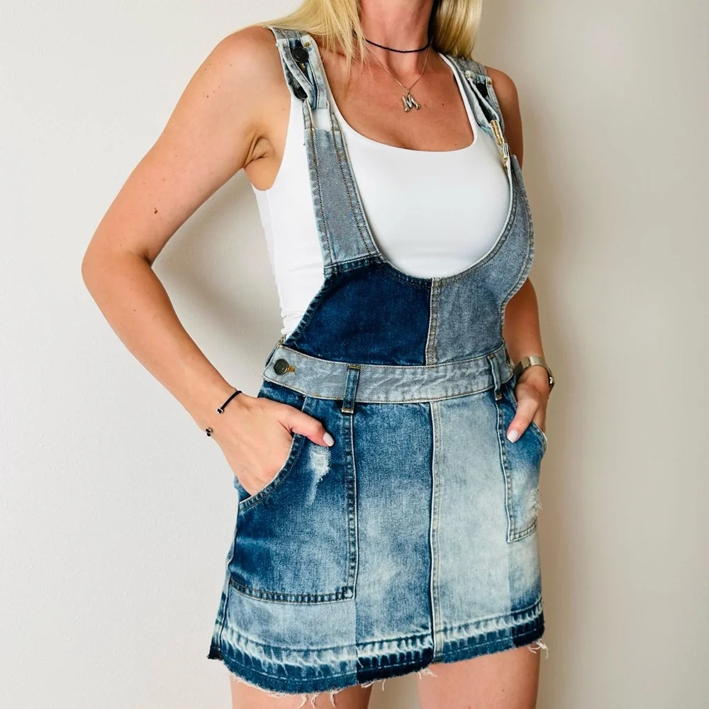 Free People Patchwork Blues Blue Denim Pinafore Overall Jean boho mini Dress - Picture 7 of 13